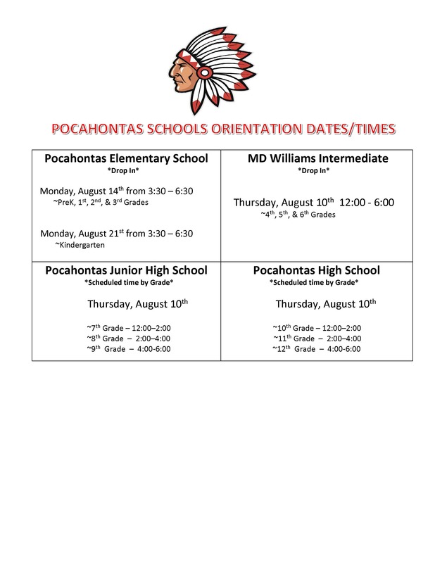 Revised Pocahontas Schools Orientation Dates/Times Pocahontas